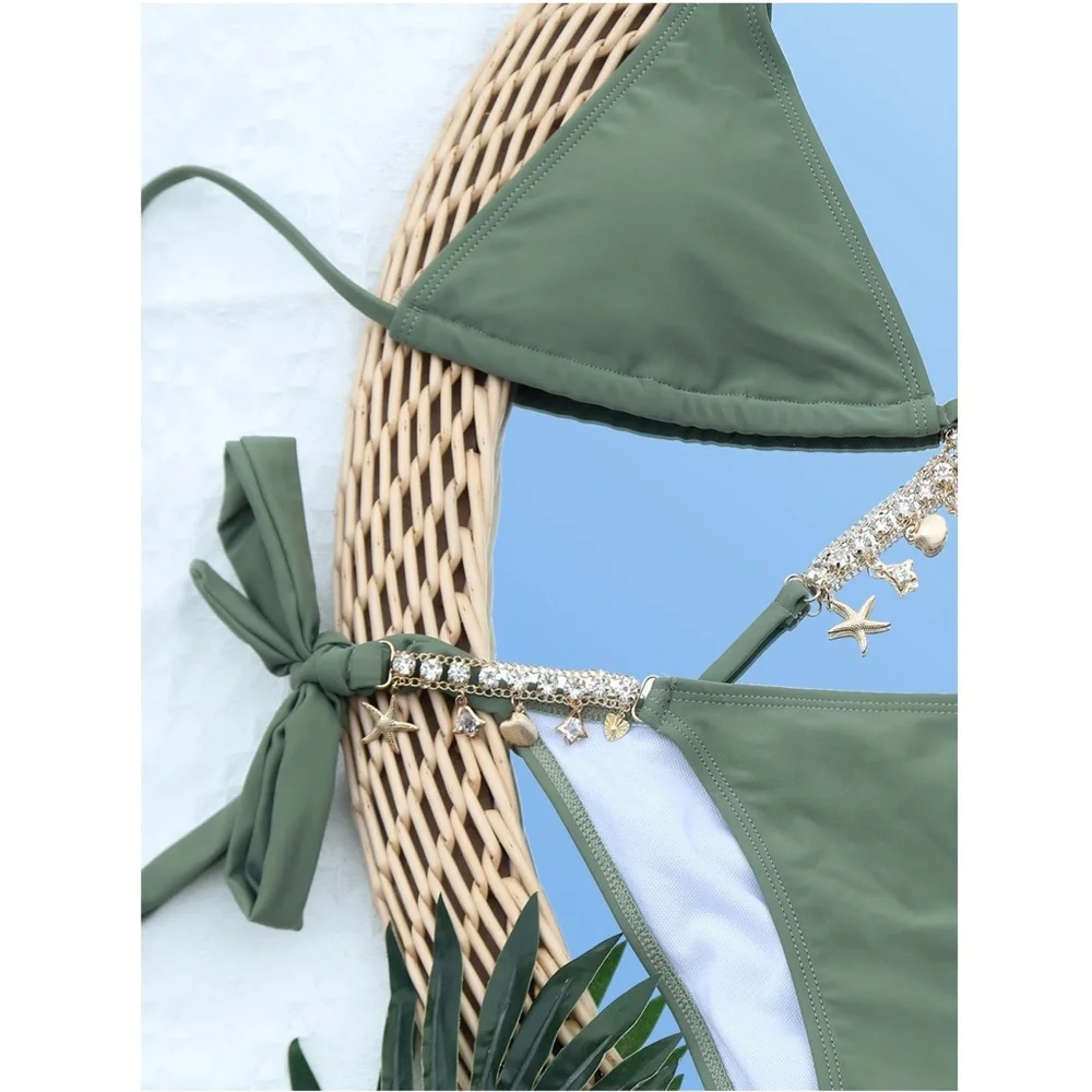 Rhinestone Embellished Bikini Swimsuit Army Green - Picture 4 of 7